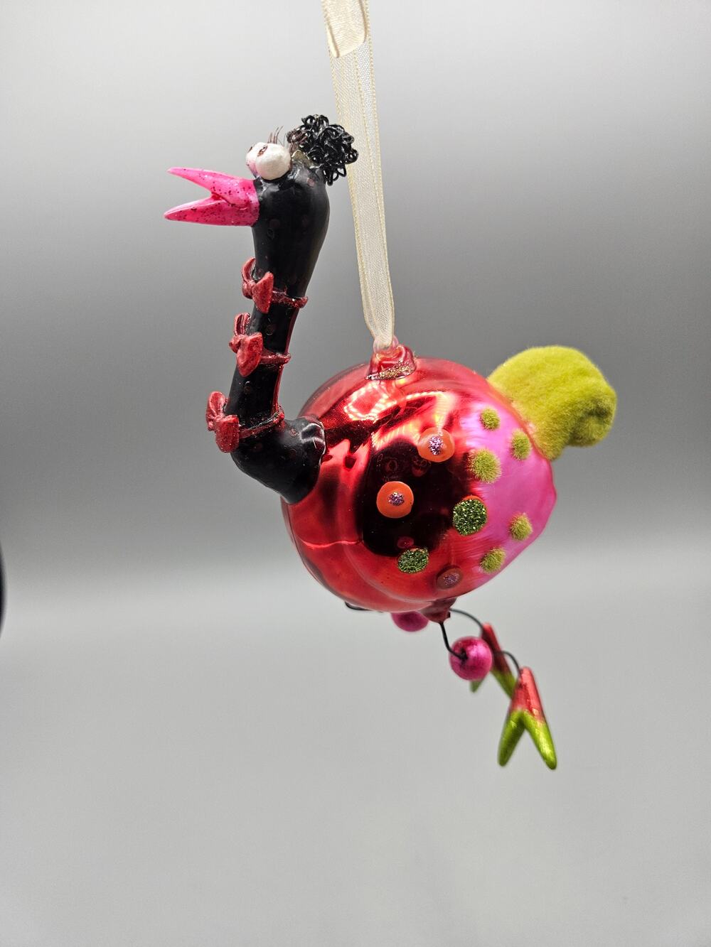 Derpy Blown Glass Ostrich Emu Polka Dots and Bow Tie Flocked Tail and Eyelashes